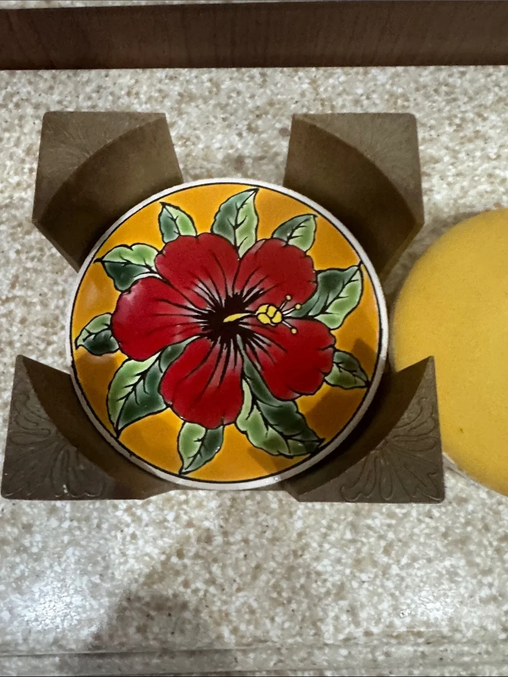 Vintage Hand-Painted Tropical Flowers Ceramic Coaster Set